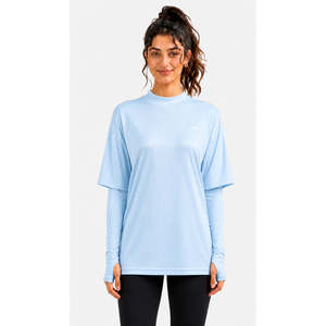 Women's Essential Breathable Modest <b>Top</b> Light Blue Ribbed Long Sleeve Crew Neck Loose Fit - Product Image 1