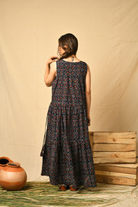 Bohemian Ajrakh impreso 100% algodón Maxi hecho a mano étnico largo volante motivo geométrico para Rust Fusion Indigo Casual al aire libre - Product Image 2