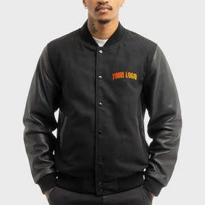 Chaquetas Varsity para Hombre de Primera Calidad OEM, Color Negro Liso, 100% Algodón, Mangas de Cuero, Cuello Acanalado, Talla Grande, Chaqueta de Invierno - Product Image 5