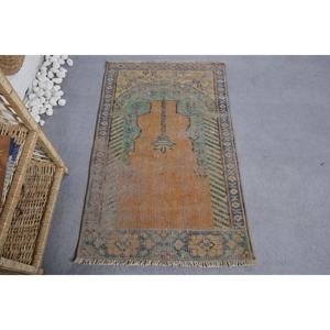 <b>Vintage</b> Wool <b>Rug</b> 2.5 X 3.9ft Orange and Green Geometric Pattern 3D Techniques for Living Room or Hallway Latex Backed - Product Image 1