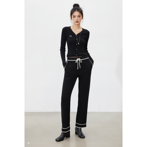 Salopette Femme Écologique Respirante en Maille Côtelée Spandex/Coton à Jambes Larges, Taille Élastique, Tricot Doux avec Bordure Contrastante et Taille Haute - Product Image 1