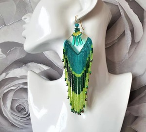 Green Seed Bead Long Fringe Earrings, Boho Statement Earrings Quality <b>Emerald</b> Green Beaded Tassel Earrings - Product Image 2