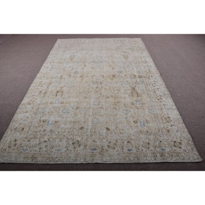 พรมวินเทจตุรกีขนาดใหญ่ 6.3x9.7 ฟุต สีเบจขอบสีน้ำเงิน ทำจากขนสัตว์ - Product Image 1