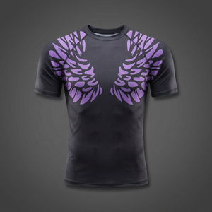 Camiseta de compresión de manga corta negra para mujer con estampado de alas moradas por sublimación de secado rápido - Product Image 3