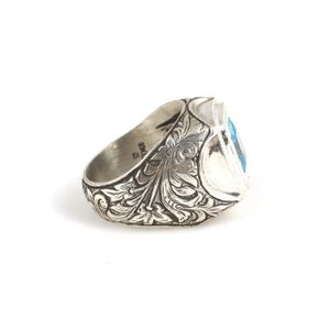 925 Sterling <b>Silver</b> Men's <b>Ring</b> Rectangular Aquamarine Stone Hand-Engraved Everyday Wear Featuring <b>Emerald</b> Oval Certified IGI - Product Image 3