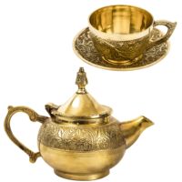 Service à thé en cuivre martelé à la main ROSHAN HANDICRAFTS (bouilloire, tasses, plateau) – Style moderne et luxueux, 500 ml, résistant à la chaleur, incassable, pour un thé parfait