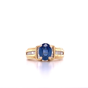 Anillo de zafiro azul de 1,22 quilates con piedras laterales de diamante de corte Baguette, joyería de moda para mujer chapada en oro de 18 quilates, carcasa de Material principal - Product Image 1
