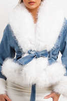 Chaqueta Vaquera Azul Premium con Peluche Sintético Blanco, Diseño de Manga Larga y Abullonada para Mujer, para Todas las Temporadas, Cómoda, Venta al Por Mayor