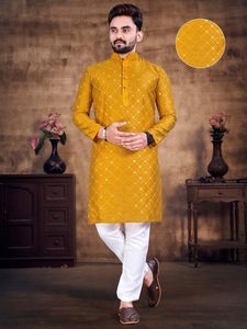 กระจกผ้าฝ้ายปักหนักบริสุทธิ์ทํางานชุดนอนบุรุษ Kurta แบบดั้งเดิม - Product Image 2