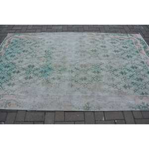 พรมตุรกีโบราณขนาด4.7x8ฟุตพรมขนแกะสีชมพูสีเขียวลายแอบสแตรกต์สำหรับวัยรุ่นพรมปูพื้นห้องยางพาราด้านหลังทรงสี่เหลี่ยมผืนผ้า - Product Image 3