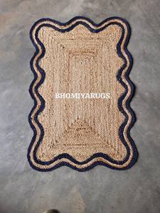 Tapis de jute noir fait main avec bordure festonnée tapis de jute pour salon tapis de jute motif pétoncle - Product Image 2