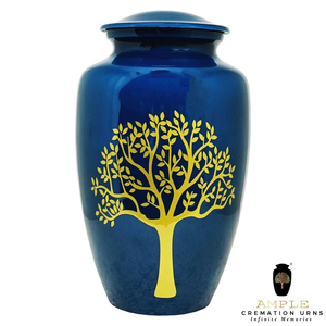 Urnas de cremación artesanales Urna de diseño de árbol de la vida Urna conmemorativa azul y dorada con tapa segura y bolsa de terciopelo - Product Image 2