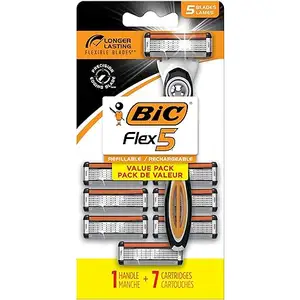 BIC Flex 5 มีดโกนรีฟิลสําหรับผู้ชาย มีดโกน 5 ใบ ติดทนนานเพื่อการโกนหนวดที่ราบรื่นและสะดวกสบาย 1 ที่จับและ 7