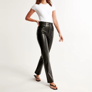 Pantalon en cuir décontracté taille mi-haute entièrement personnalisé et respirant pour femme, avec couleurs et tailles sur mesure, bouton printemps, effet délavé - Product Image 2