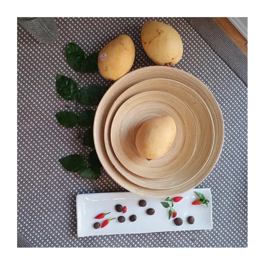 Natural round coiled spun bamboo plates food safe serving eco friendly sustainable plate wholesale