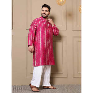 Amanush Kurta Larga para Hombre, Talla Grande, con Estampado Bandhani a Rayas Magenta, Cuello Mandarín, Camisa Casual para Verano - Product Image 5