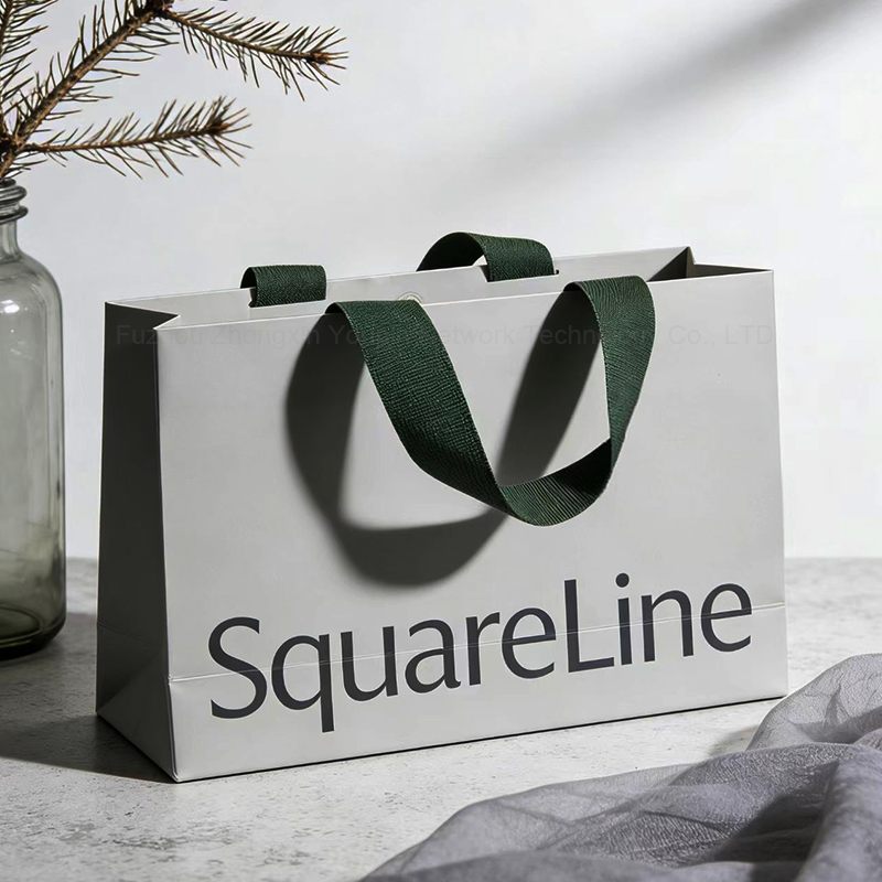 Custom Printing White Cardboard Paper Bag with Ribbon Handles for Underwear Clothes Shoes Retailer Packaging Bags