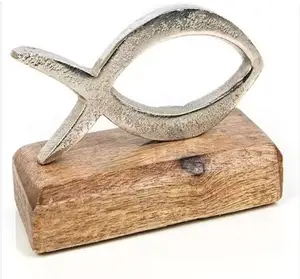 Wholesale Christian Fish Figurine Metal & Wood Ichthys Symbol Christian Fish Communion Gift with natural wood stand handmade