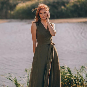 Classique Boho Maxi robe en lin pour femmes décontracté Wrap dentelle décoration taille naturelle été lavé longue robe poches lavable - Product Image 1