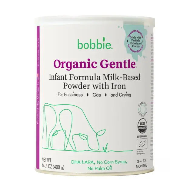 La fórmula orgánica suave para bebés Bobbie está hecha con 100% de lactosa