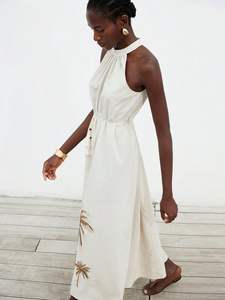 Wholesale Woven Natural Washable Short Sleeve Regular Fit Maxi Dress <b>Ladies</b> Split <b>White</b> Black Beach Boho Summer - Product Image 5