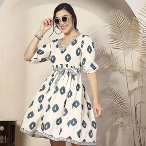 Top Quality Bohemian Printed Puff Sleeve Fit & Flare <b>Dress</b> Stylish Printed Design Women's <b>Dress</b> For Party Wear - Product Image 1