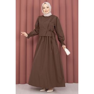 Conjunto de 2 Piezas para Mujer, Top y Pantalones Cortos de Crepé con Ribete de Encaje, Color Café, Talla XS - Product Image 1
