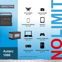 PATONA Platinum Powerstation Autarc 1000Wh PD100W USB5V/2.4A DC12V/10A DC5525 3xAC 230V 2xDC 12V 10A USB-A 1x USB-C Li-Ion 11kg