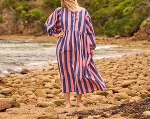 Vestido Midi a rayas de atardecer de algodón puro 100% para mujer, rayas multicolores vibrantes, suelto, ligero, transpirable para verano - Product Image 1