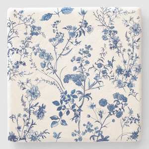 French Toile De Jouy Marble <b>Coaster</b> Set Wildflower <b>Blue</b> White Elegant Home Decor - Product Image 4