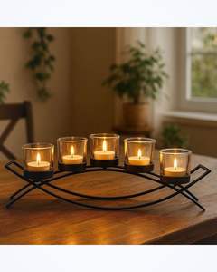 Porte-bougie en fer noir pour 5 bougies chauffe-plat, support en métal, centre de table de mariage de luxe, décoration moderne pour la maison, ornement de table, cadeaux, décoration - Product Image 5