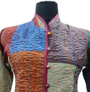 Veste courte respirante à manches longues avec patchs Kantha et boutons décoratifs pour l'automne, l'hiver et le printemps - Product Image 2