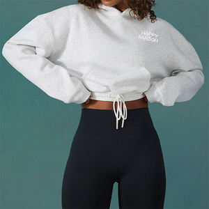 High Quality Custom Puff Print logo Cropped <b>Hoodies</b> Street Style Distressed Bottom Heavyweight Cotton Women <b>Hoodies</b> - Product Image 1