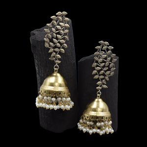 Boucle d'oreille pour dames arbre feuilles conception plaqué or en gros indien à la mode haut niveau perle laiton kundan jhumka boucle d'oreille - Product Image 4