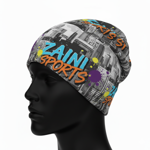Gorro Premium para mujer, de poliéster tejido transpirable Spandex, estampado de ciudad colorido, logotipo personalizado, gorros Jacquard de transferencia de calor - Product Image 3