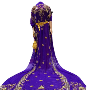 Caftan marocain traditionnel élégant luxe brodé longueur au sol robe de mariée à manches longues pour les mariées du Moyen-Orient en soie - Product Image 1