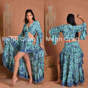 ชุดเสื้อและกระโปรงสไตล์โบฮีเมียนแบบไฮโลว์อิบิซา - เสื้อแขนกระดิ่งผูกโบว์พร้อมกระโปรง - ชุดกระโปรงและเสื้อสไตล์วินเทจอินเดีย - ขายส่ง - Product Image 3