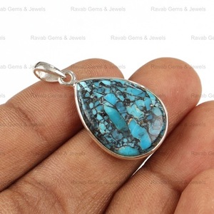 Naturel 16x22mm Tibétain Toile D'araignée Turquoise Gemme En Argent Sterling Minimaliste Bijoux Dainty Poire Forme Charmes Pendentif pour Elle - Product Image 2