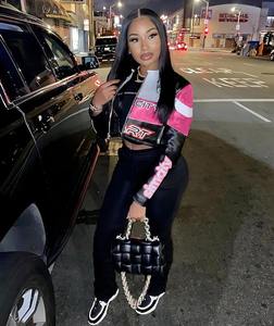 À la mode femmes recadrée Moto Racing veste peau de mouton imprimé couleur bloc Streetwear manteau Logo patchs respirant élégant décontracté - Product Image 6