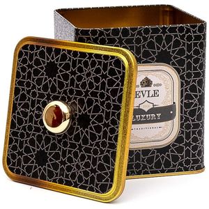 Boîte en fer blanc 1.8L à motif géométrique doré 120x120x137mm carré en métal avec poignée à bouton conteneur à boissons recyclable fond noir - Product Image 1