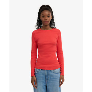 Breathable All Seasons <b>Top</b> Women <b>Red</b> Long Sleeve Shirt Crew Neck Knitted Slim Fit Casual Solid Color 100% Cotton T-Shirt - Product Image 3