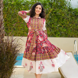 Vestido Maxi Bohemio Estampado a Mano con Flores, Vestido Midi Camisero de Algodón con Cinturón Largo para Playa de Verano - Product Image 1