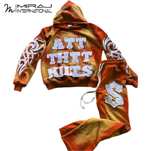 Survêtement évasé en éponge française surdimensionné pantalon de survêtement délavé à l'acide ensembles à capuche grande taille Streetwear avec applique brodée - Product Image 5