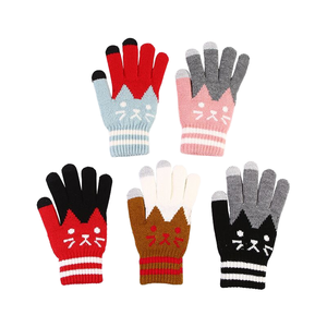 Kids Winter Jacquard Acrylic/Cotton Wrist-Length Outdoor Warmth Cute Cat Knit Fleece <b>Gloves</b> - Product Image 5