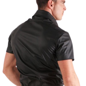 Leatherette Short Sleeved Shirt Black Mens Faux Leather Slim Fit Button Down <b>Fetish</b> Club Top - Product Image 4