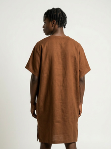 ชุดผ้าลินินสีน้ำตาลสไตล์มินิมอลแบบดั้งเดิมสำหรับผู้ชายชาวแอฟริกัน ทรงหลวม ระบายอากาศได้ดี เป็นมิตรกับสิ่งแวดล้อม พร้อมลายปักแบบชาติพันธุ์ - Product Image 4