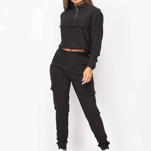 ชุดวิ่งออกกำลังกายแขนยาว2ชิ้นเสื้อครอปมีฮู้ดชุดวอร์ม100% แขนยาวสีพื้น - Product Image 1