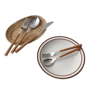 Ensemble de couverts modernes en acier inoxydable avec manches en bois, écologiques, polis miroir, couteau, fourchette, cuillère, vaisselle pour la cuisine - Product Image 1