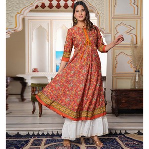 Floral Printed Red Polyester Women'<b>s</b> Anarkali Kurti Elegant <b>Blouse</b> <b>and</b> Shirt - Product Image 3