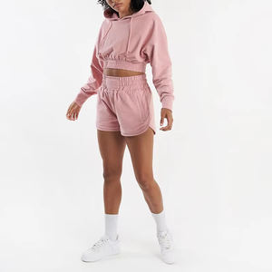 Logo personnalisé femmes coton ourlet élastique rose sport récolte épaule tombante pour les femmes sweat à capuche entraînement gym sweats à capuche courts - Product Image 5